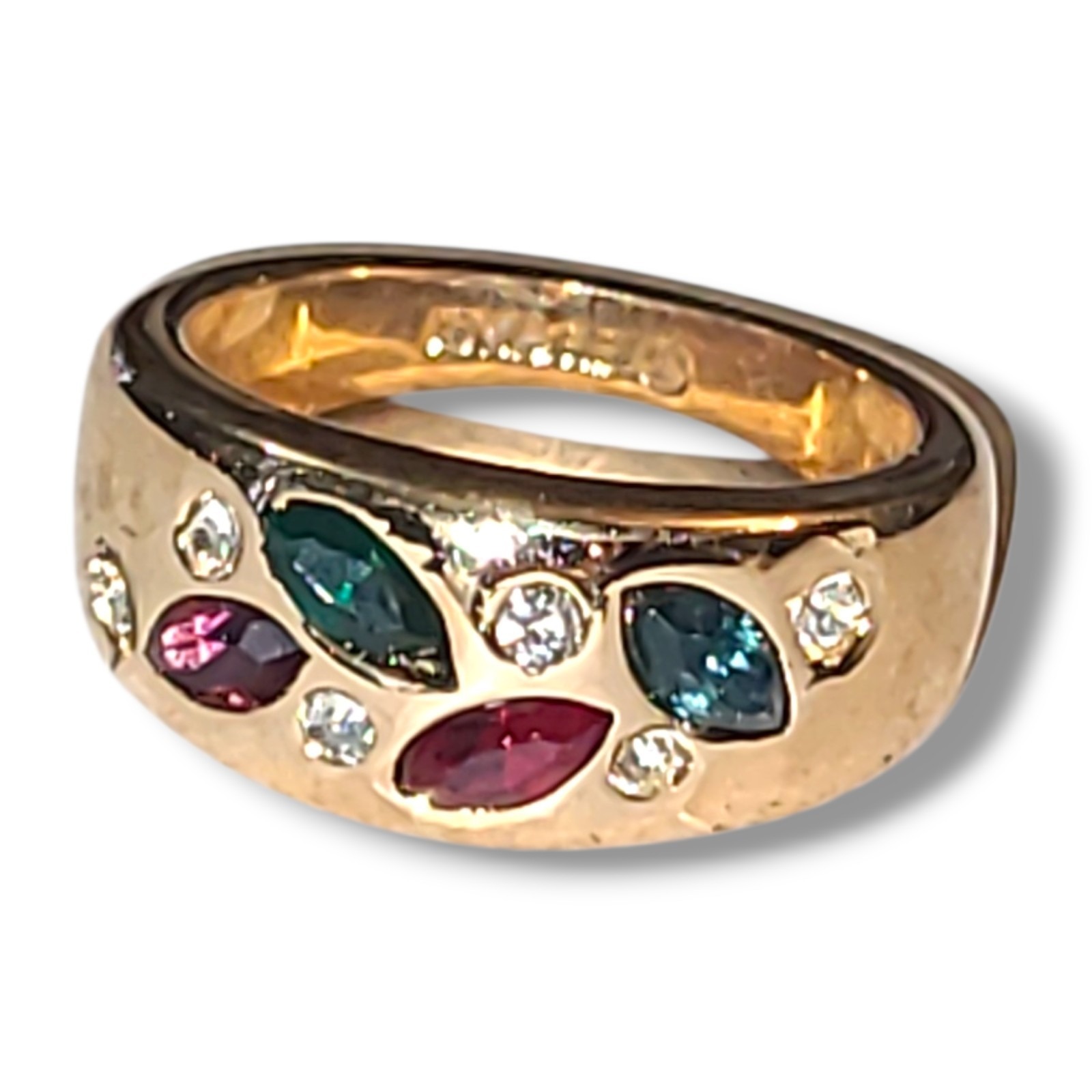 Vintage 18k Hge Multi Color Rhinestone Cocktail Ring Wide Band Statement Sz 7